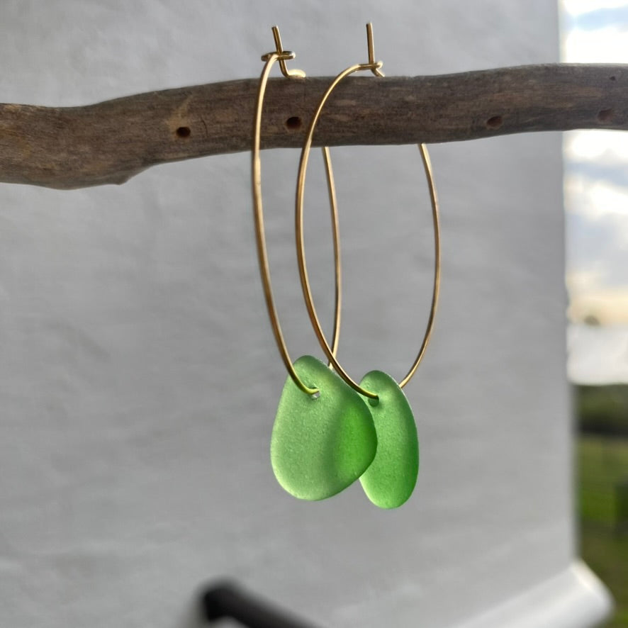 Kelly Green Sea Glass Earrings on Gold PVD Thin Hoops 3