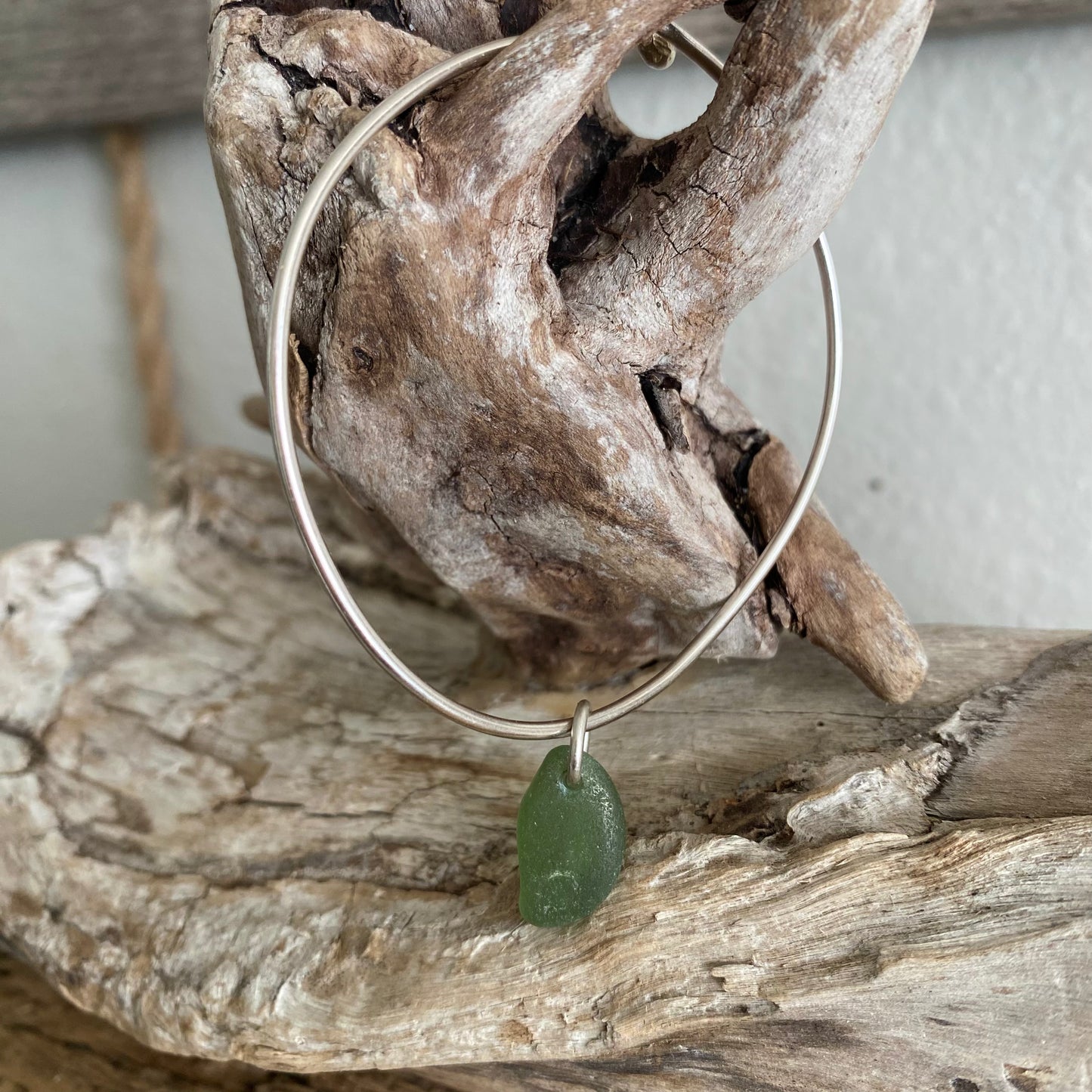 Sterling Silver Sea Glass Bangle Bracelet – Olive Green