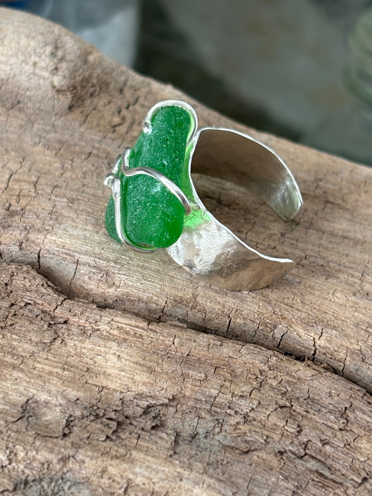 Kelly Green Sea Glass Sterling Silver Cuff Ring