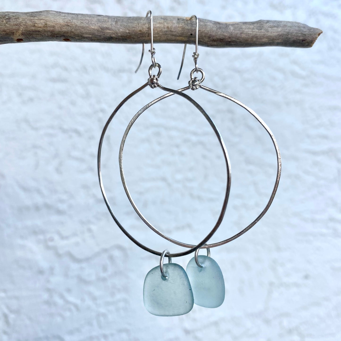 Handmade Sterling Silver Round Sea Glass Dangle Earrings