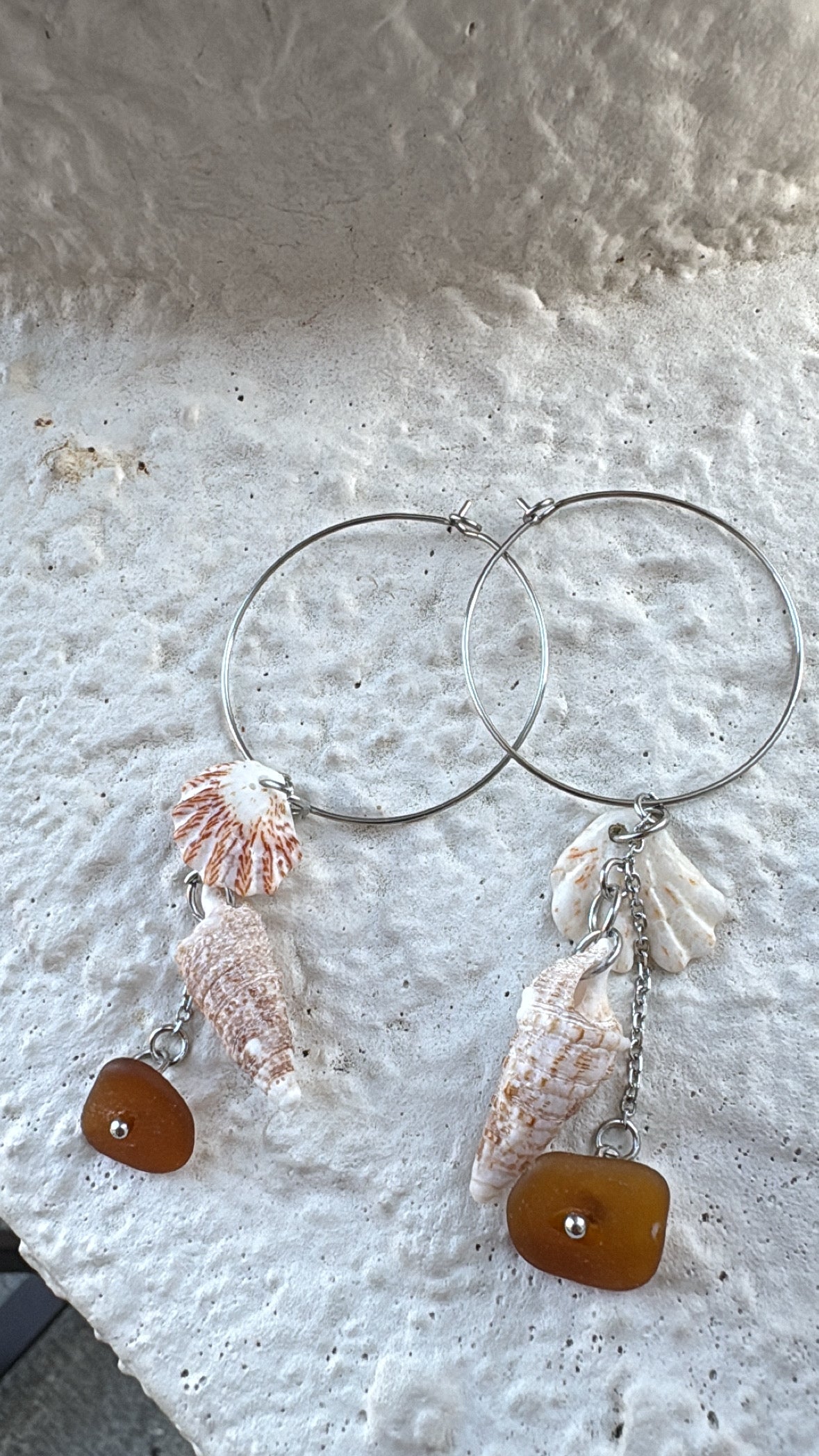 Brown Sea Glass & Venice Beach Shell Stainless Steel Hoop Earrings