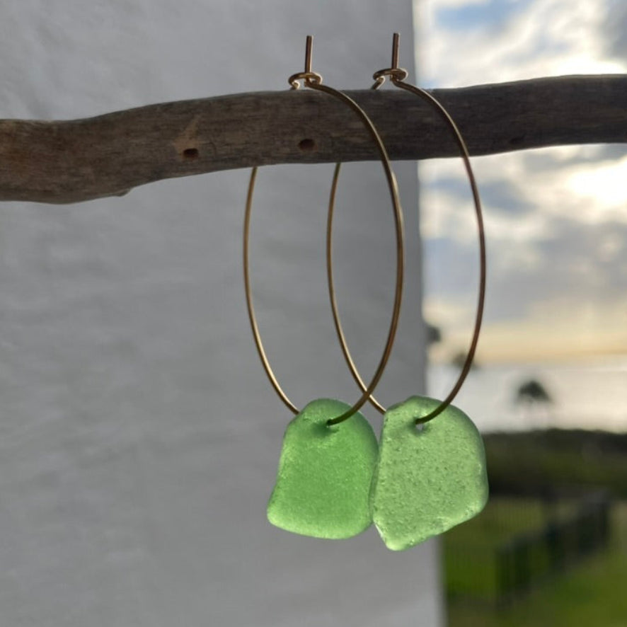 Kelly Green Sea Glass Earrings on Gold PVD Thin Hoops 5