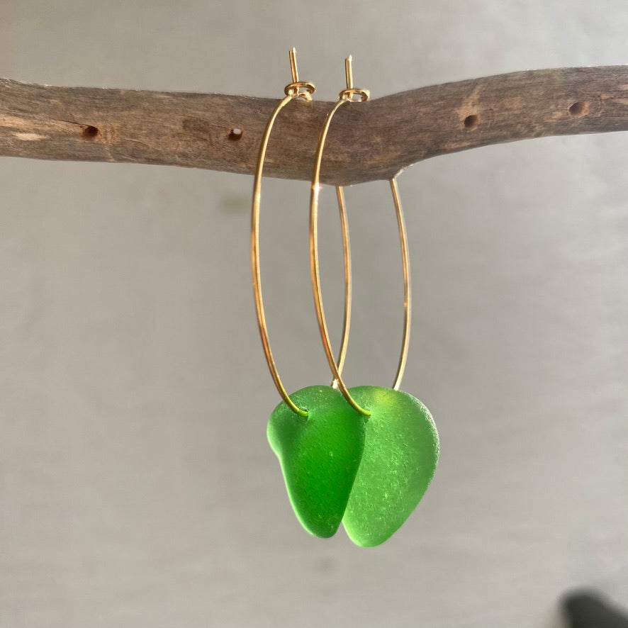 Kelly Green Sea Glass Earrings on Gold PVD Thin Hoops 2
