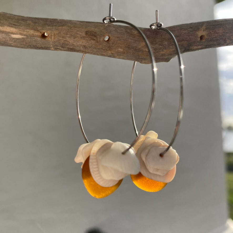 Sea Glass & Crushed Shell Hoop Earrings