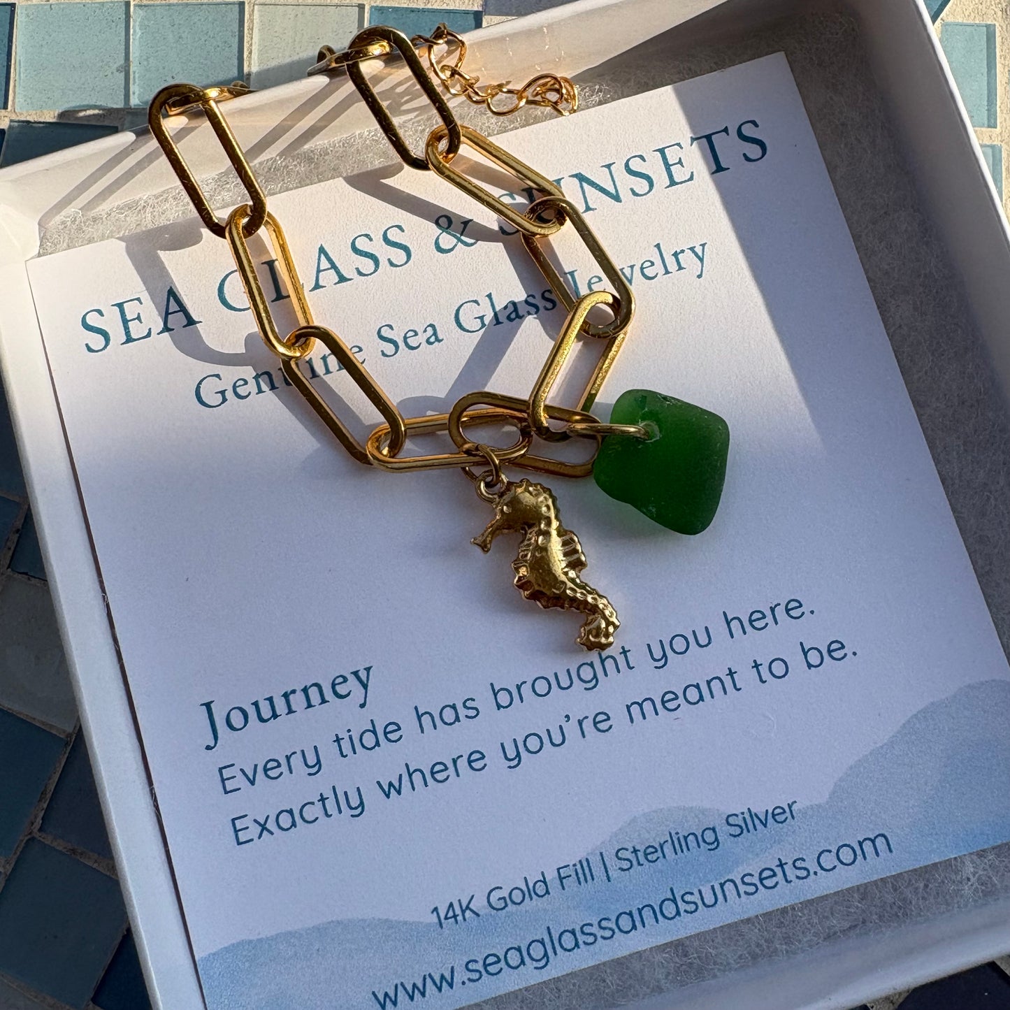 18K Gold PVD Sea Glass & Sea Horse Paperclip Bracelet