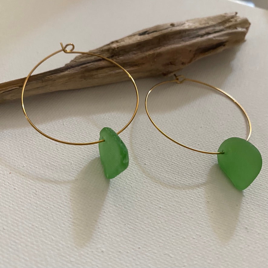 Kelly Green Sea Glass Earrings on Gold PVD Thin Hoops 5