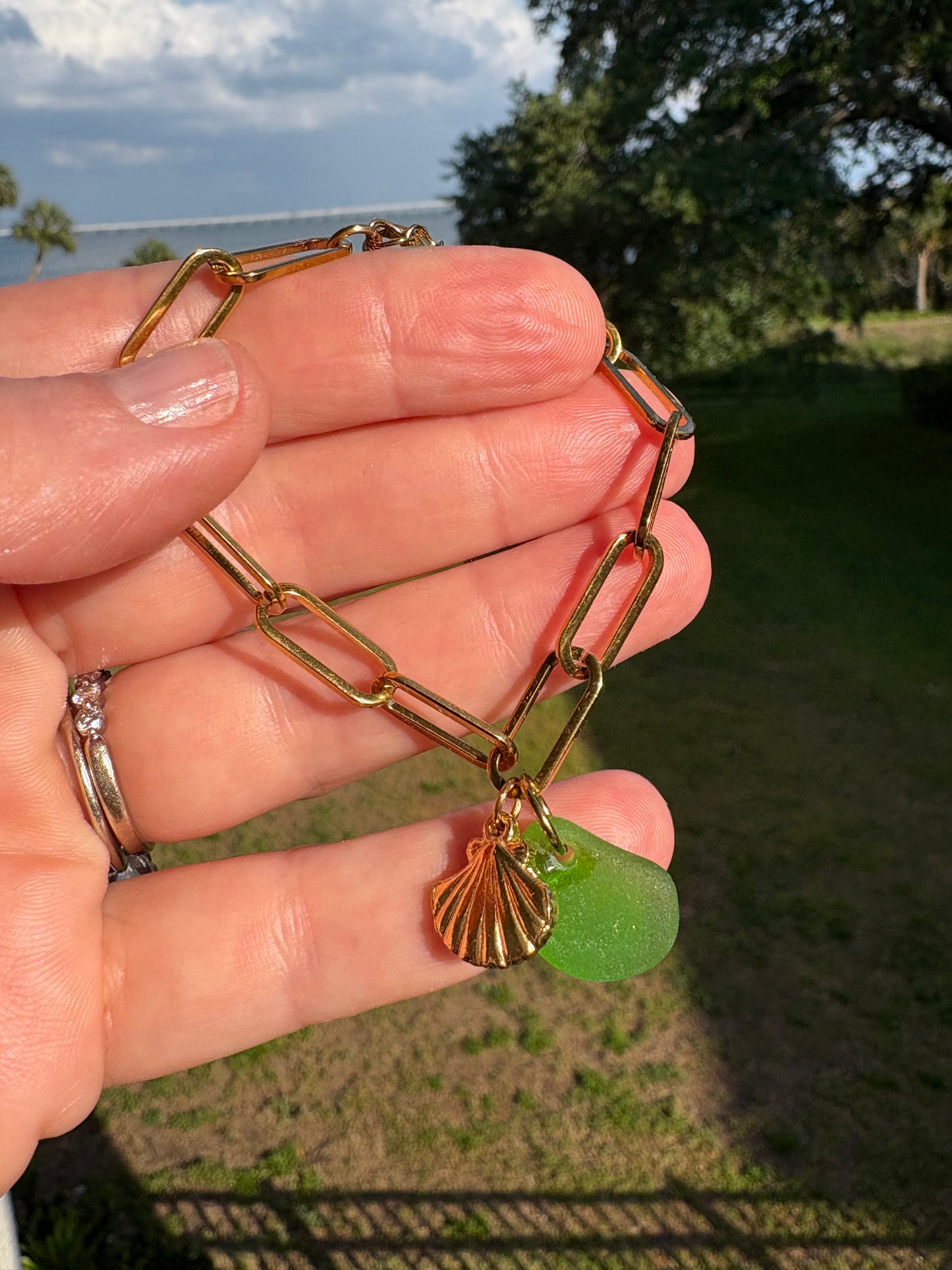 18K Gold PVD Sea Glass & Shell Paperclip Bracelet