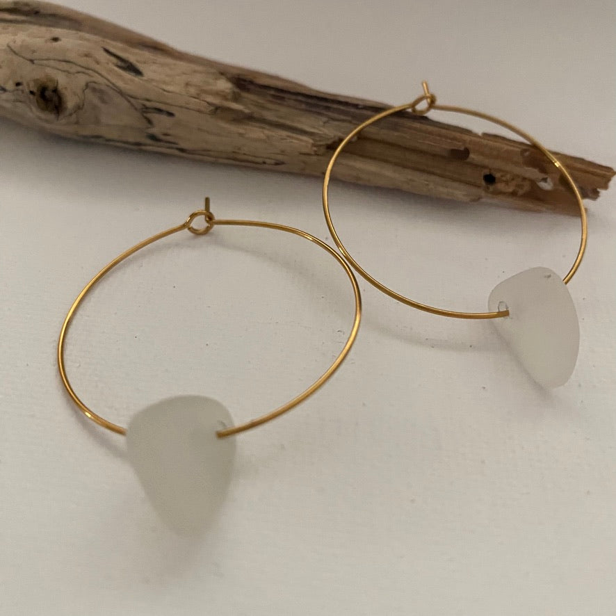 Small Clear Sea Glass Earrings on Gold PVD Thin Hoops