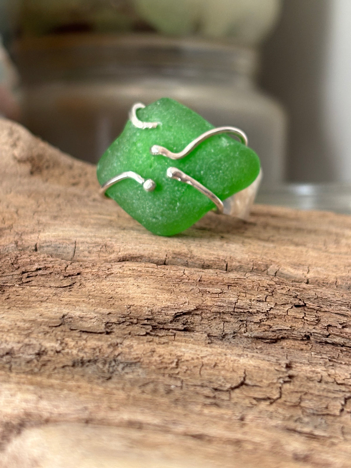 Kelly Green Sea Glass Sterling Silver Cuff Ring