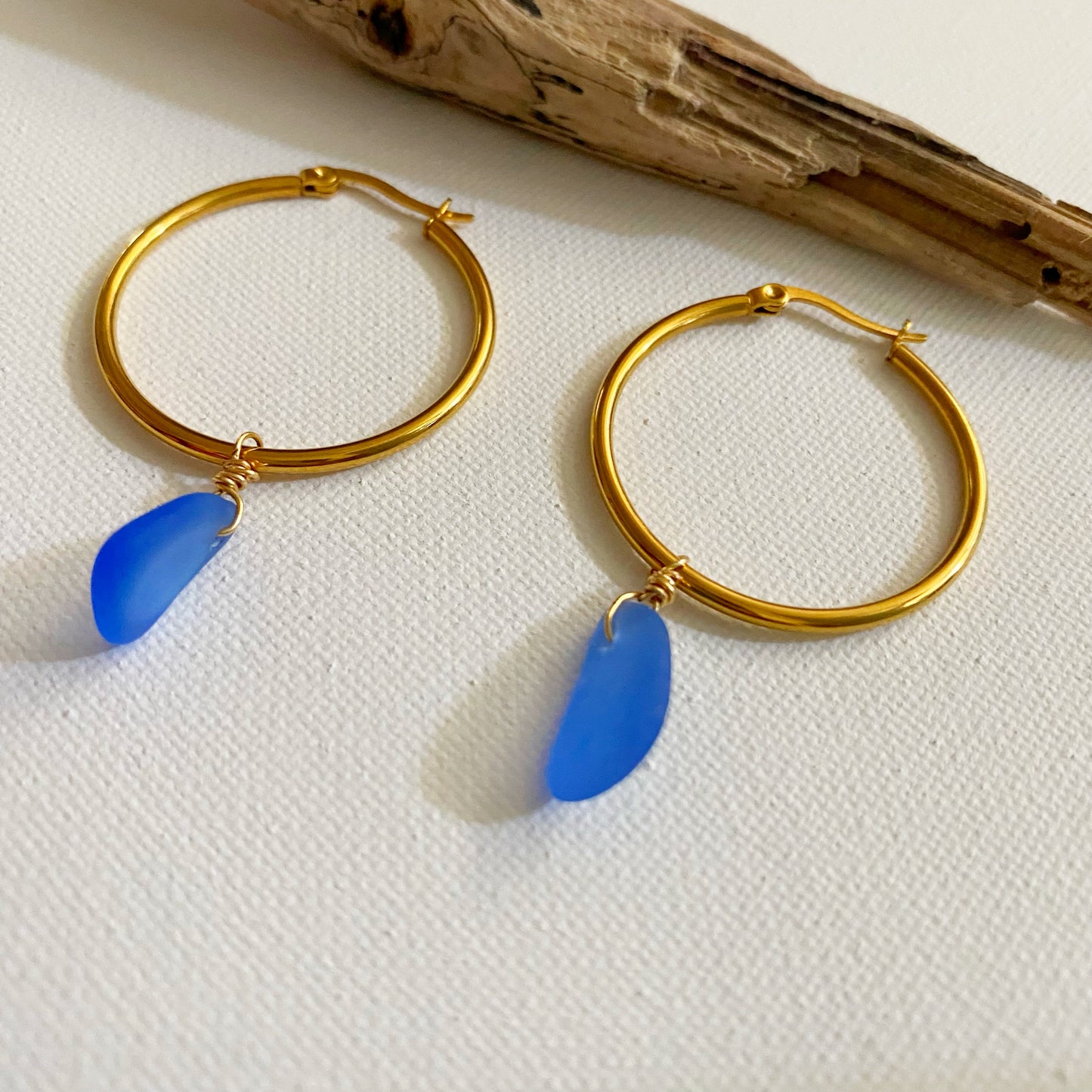 Cobalt Blue sea glass earrings | Hoop Earrings | Gold