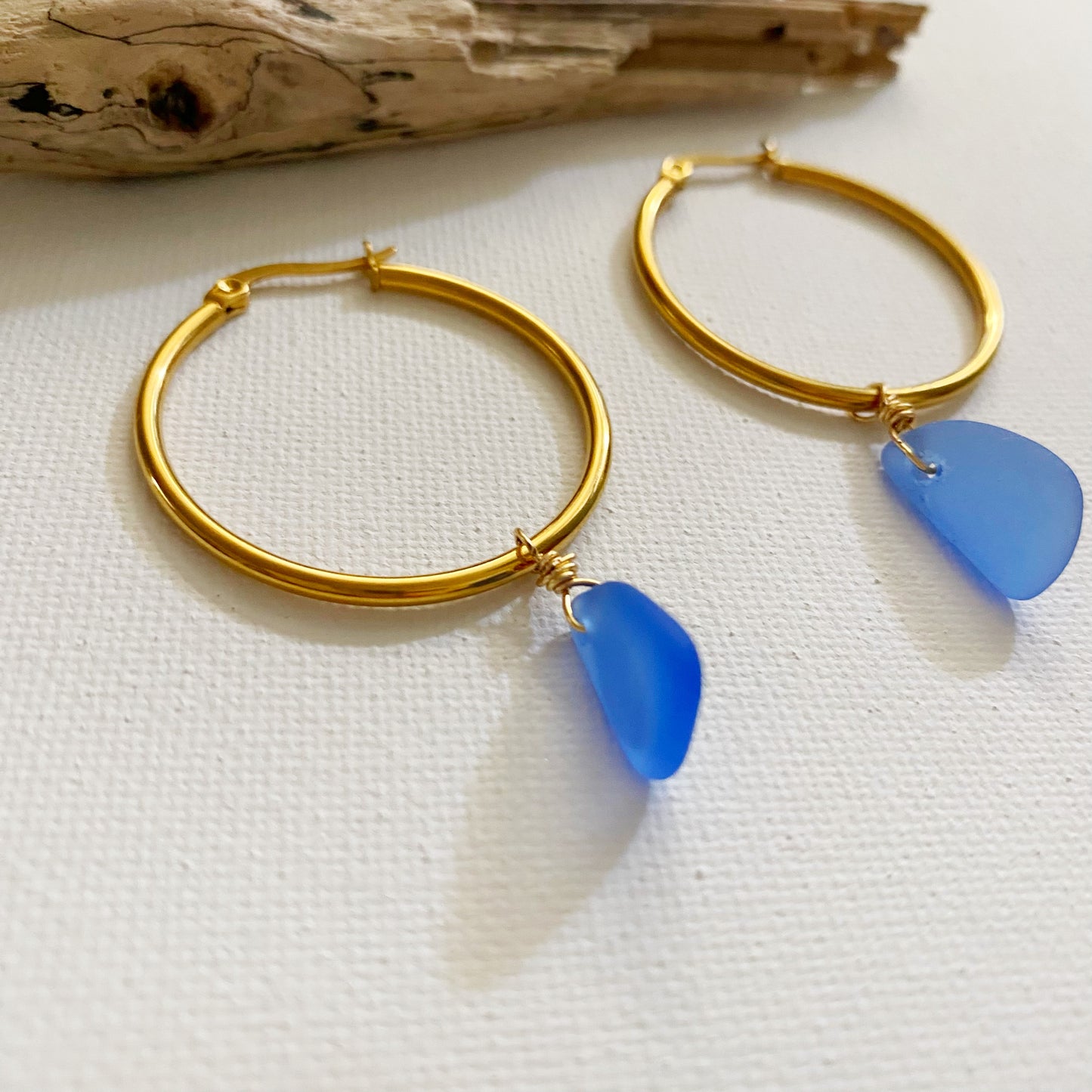 Cobalt Blue sea glass earrings | Hoop Earrings | Gold