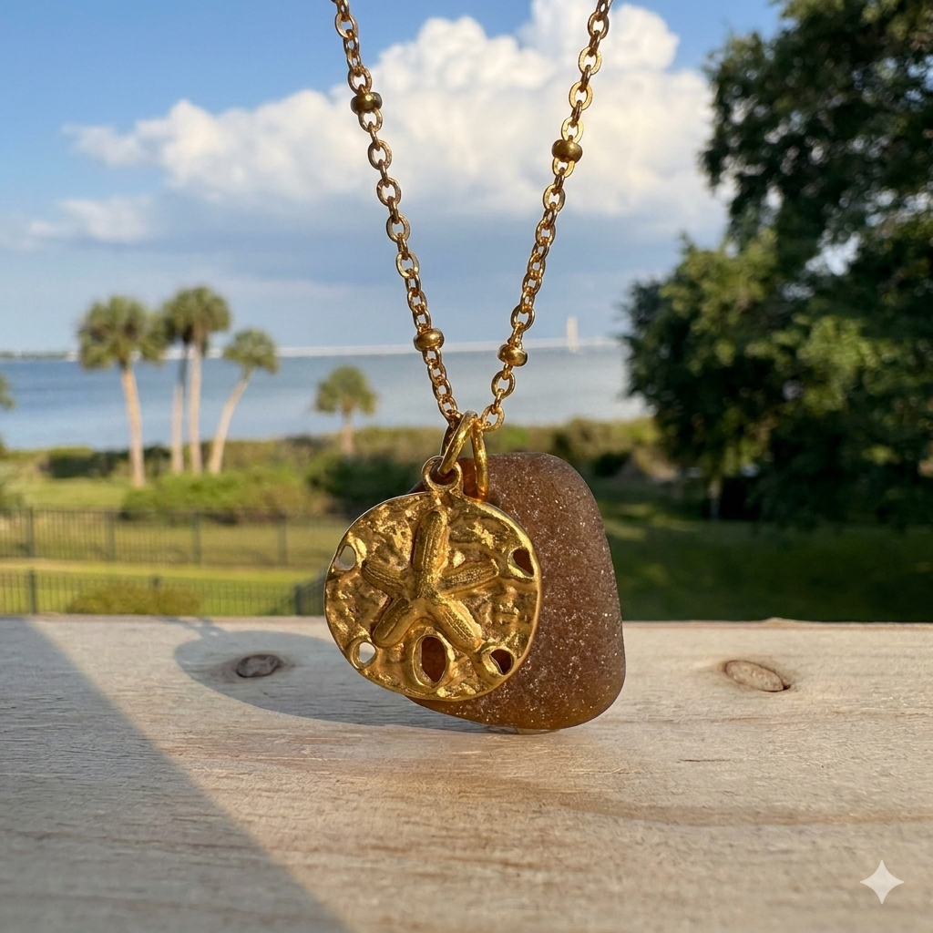 18k Gold Sand Dollar & Brown Sea Glass Saturn Chain Necklace (18”-20")