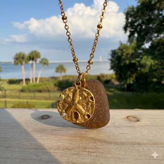18k Gold Sand Dollar & Brown Sea Glass Saturn Chain Necklace (18”-20")