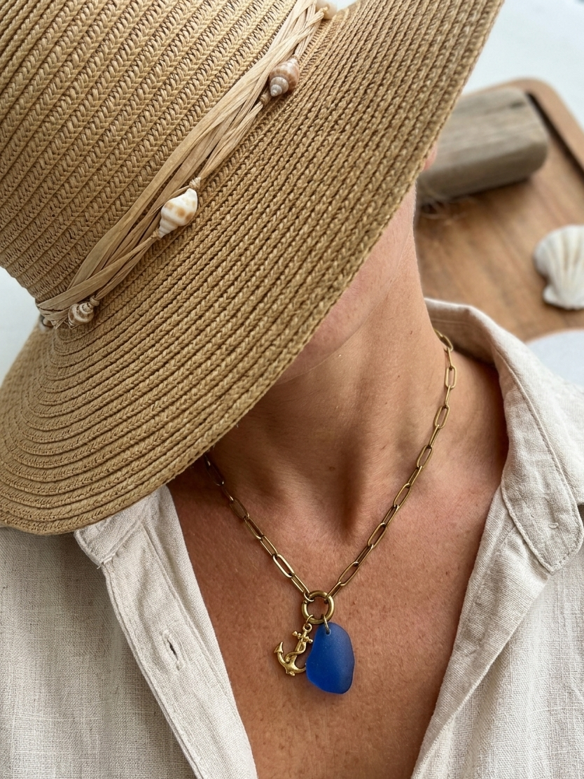 Gold  Blue Sea Glass Anchor Necklace