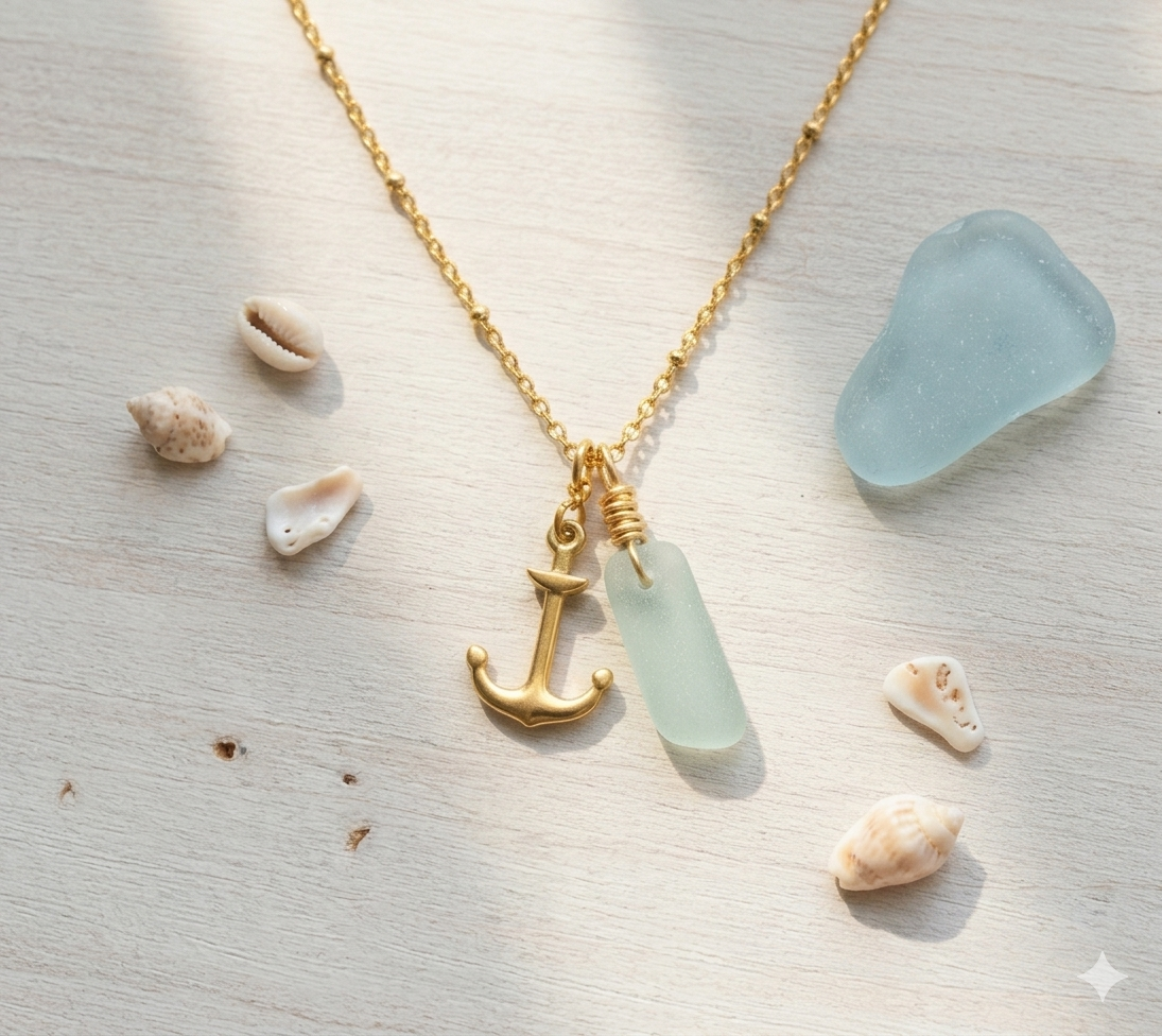 18k Gold Anchor & Light Sea Foam Sea Glass Saturn Chain Necklace (18”-20")