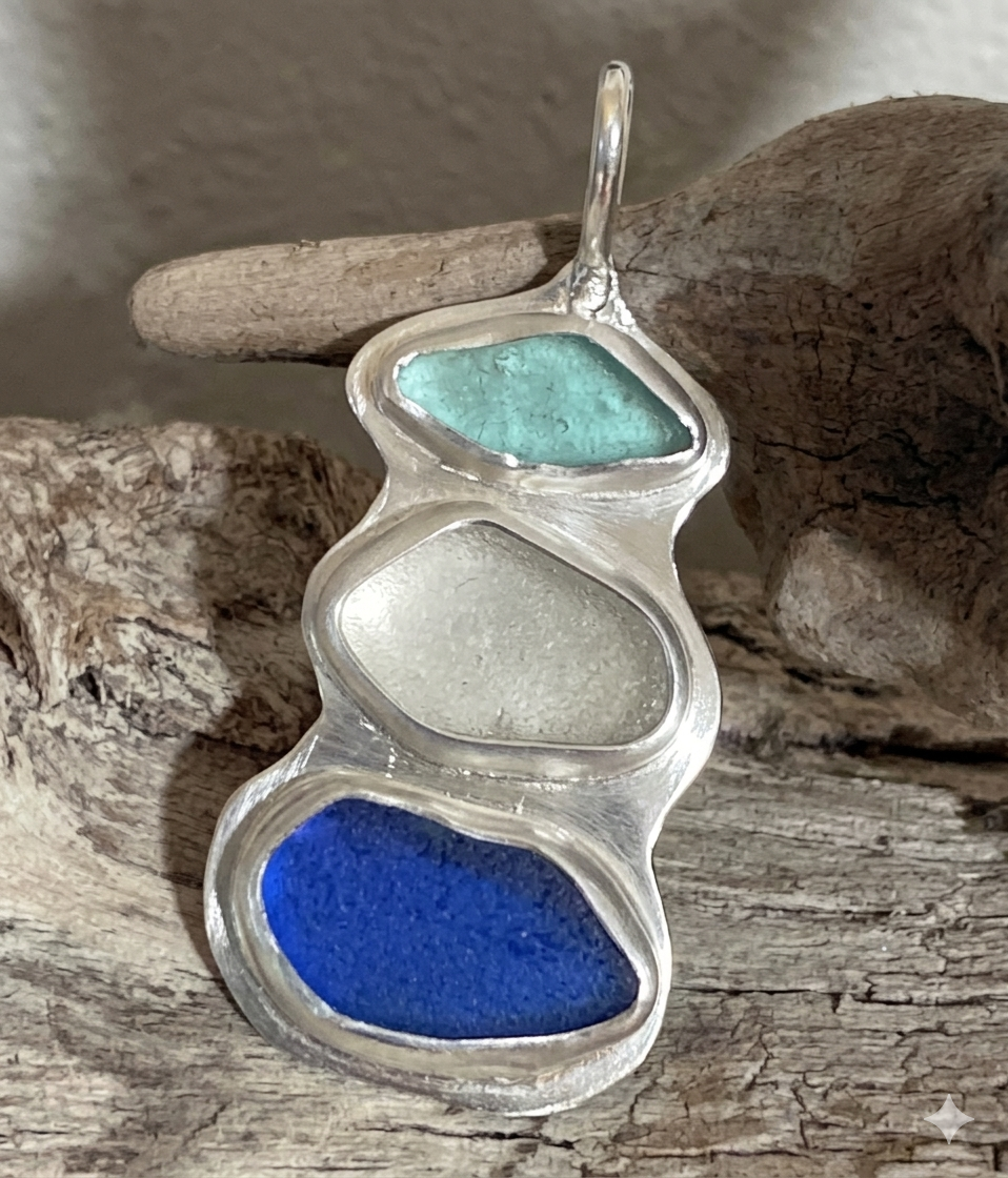 The Horizon Road Trip Necklace: Rare Cobalt & Teal Sea Glass Statement Pendant in .925 Sterling Silver