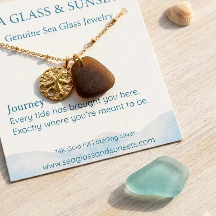 18k Gold Sand Dollar & Brown Sea Glass Saturn Chain Necklace (18”-20")