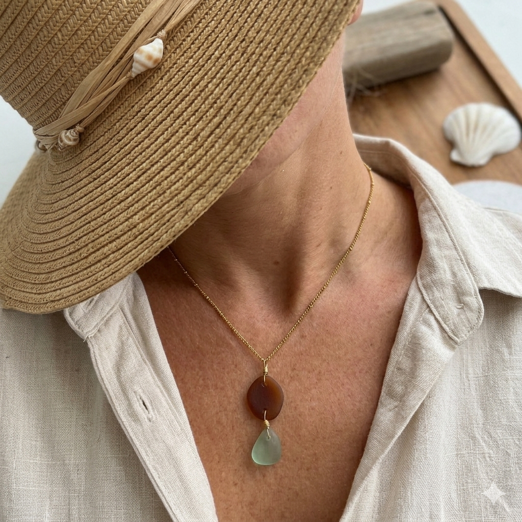 Brown & Sea Foam Sea Glass Necklace