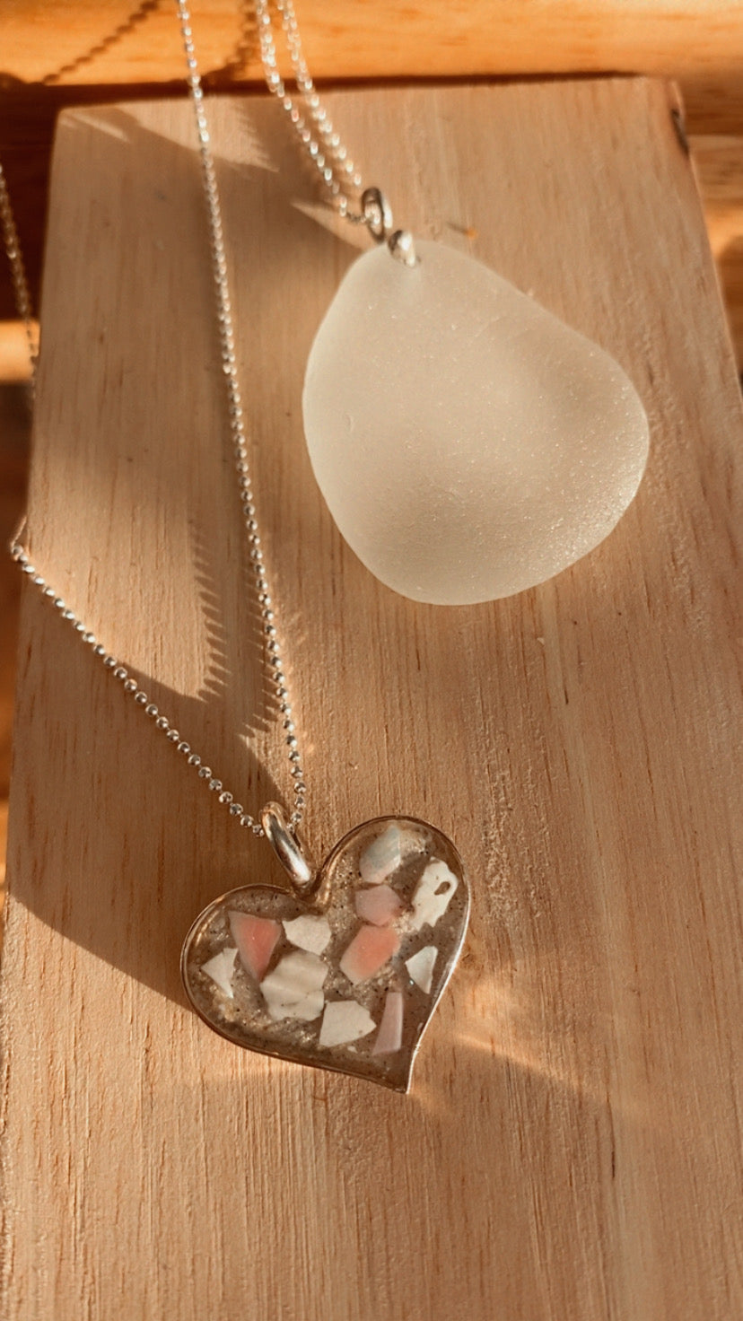 Only One – Sterling Silver Sand & Crushed Shell Beach Heart Necklace