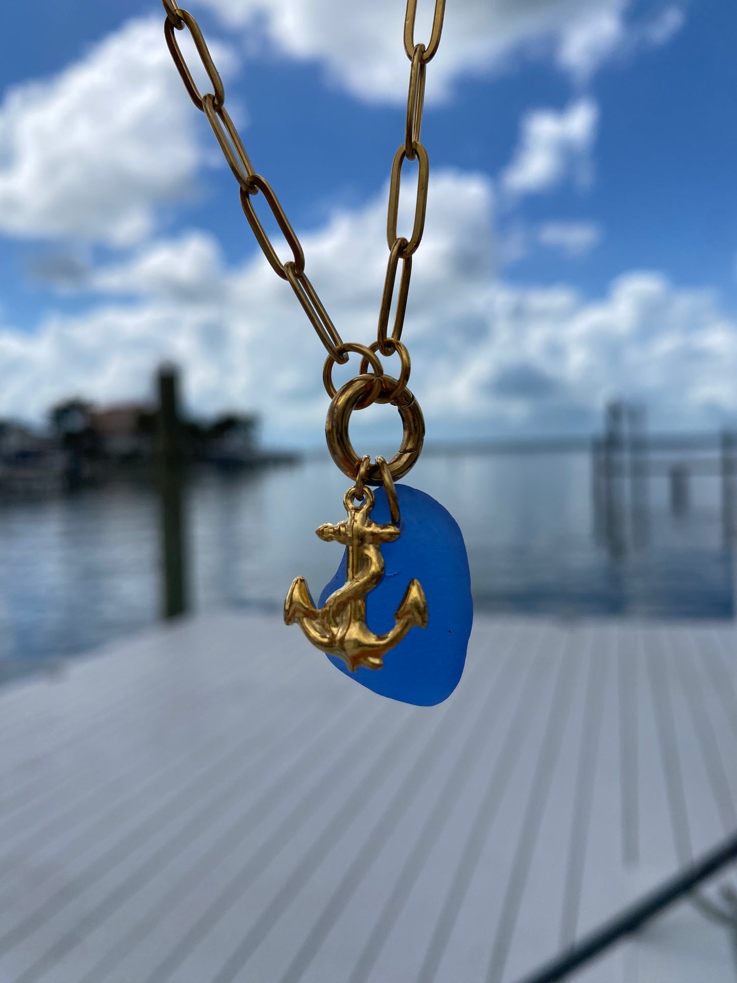 Gold  Blue Sea Glass Anchor Necklace