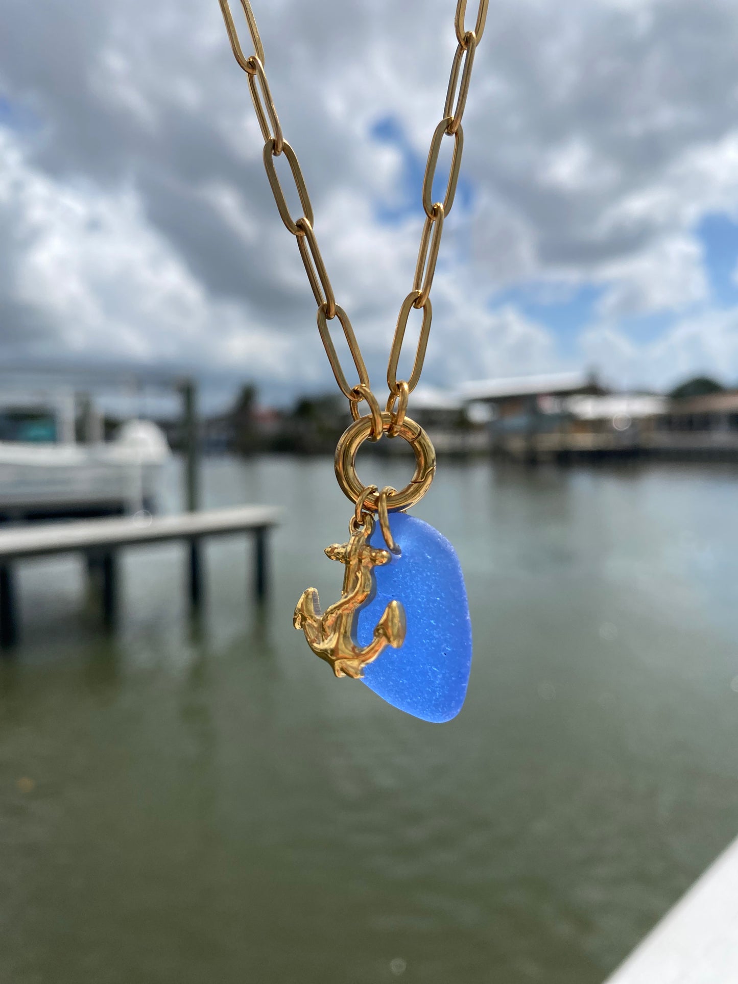 Gold  Blue Sea Glass Anchor Necklace