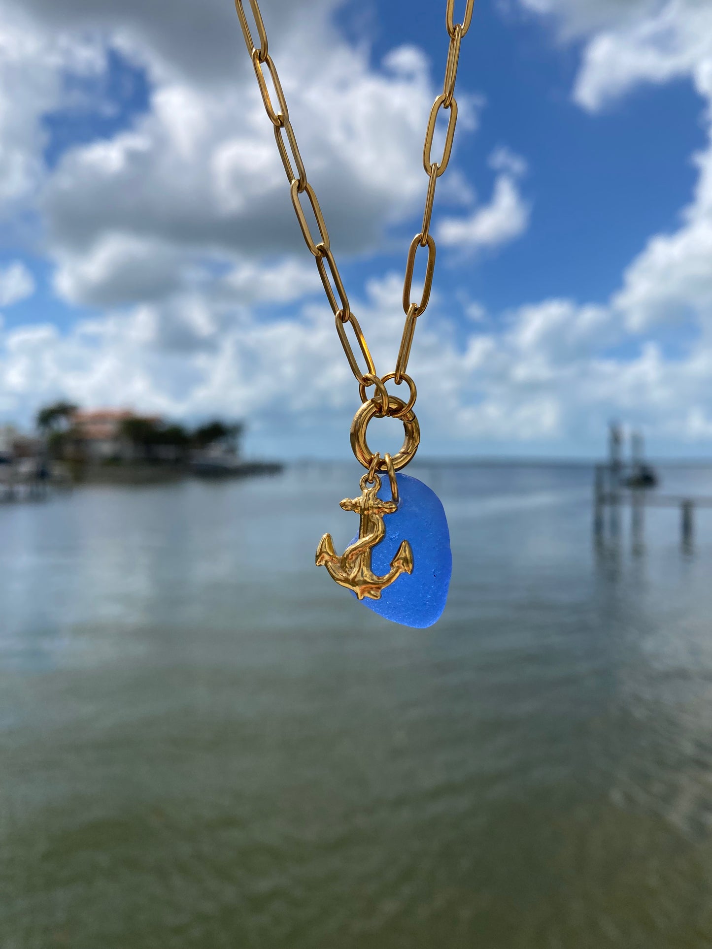 Gold  Blue Sea Glass Anchor Necklace