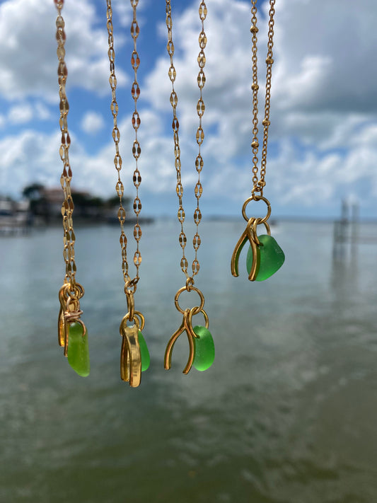 Sea glass lucky wishbone necklace