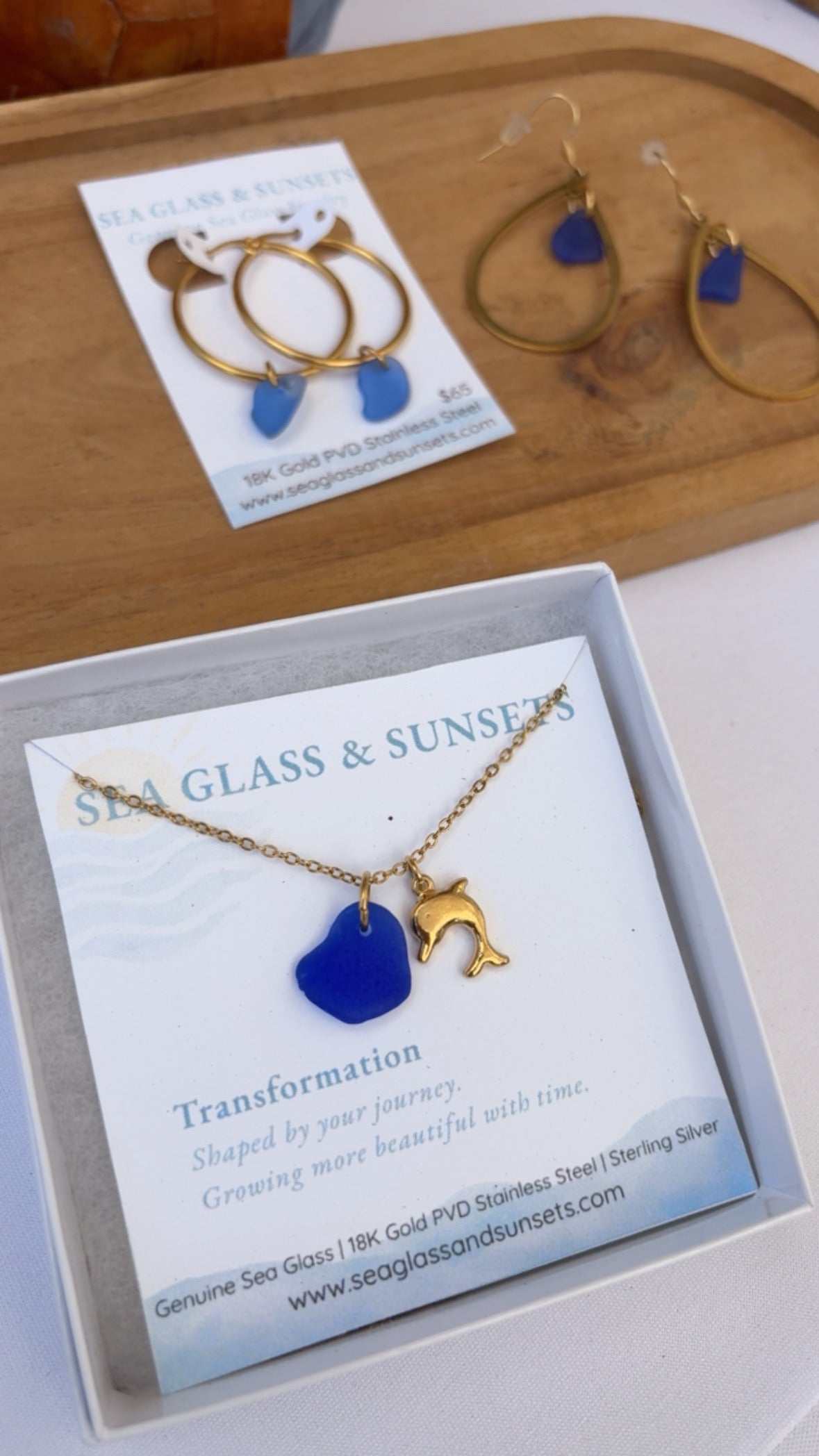 Dolphin Sea Glass Necklace – 18K Gold PVD