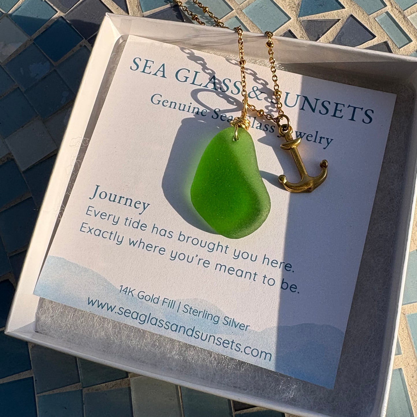 18k Gold Anchor & Kelly Green Sea Glass Chain (16-18”)
