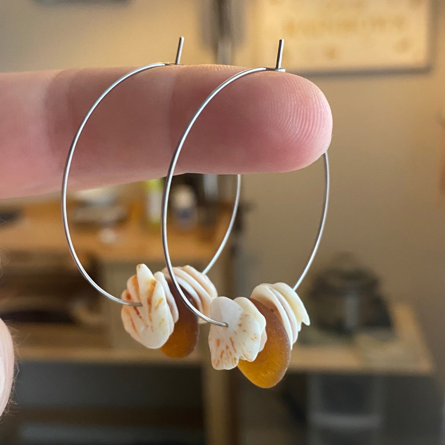 Sea Glass & Crushed Shell Hoop Earrings