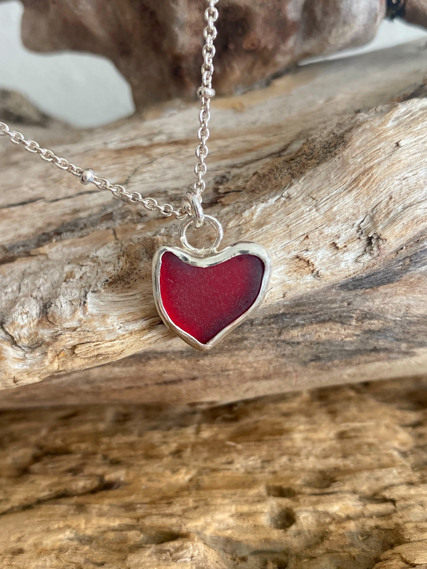Rare Red Sea Glass Heart Necklace – Bezel Set in Sterling Silver