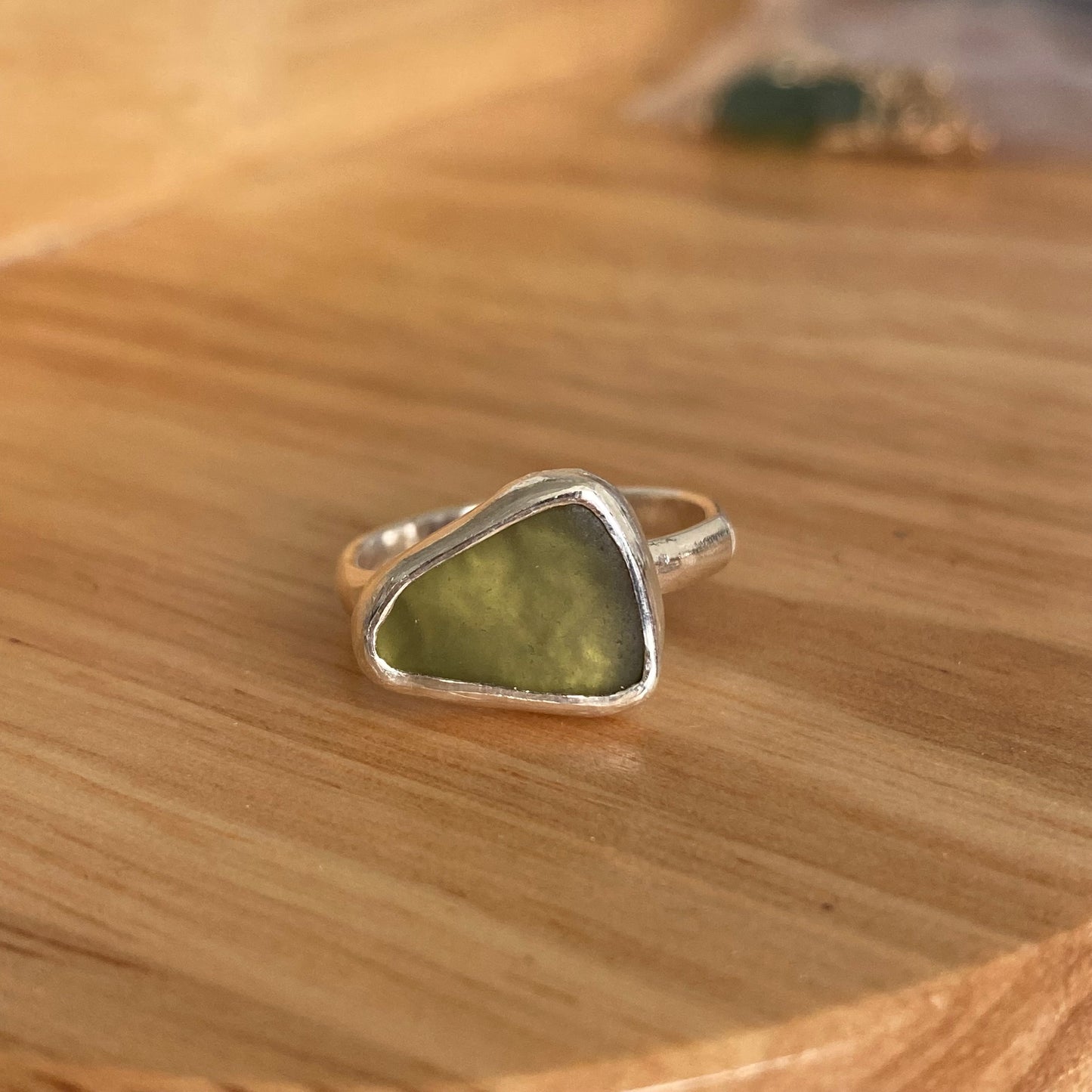 Peridot Color Sea Glass Bezel Ring – Sterling Silver (Size 6)