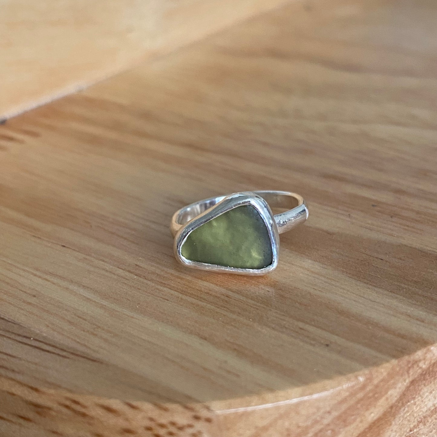 Peridot Color Sea Glass Bezel Ring – Sterling Silver (Size 6)