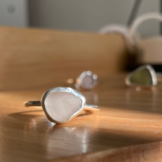 Clear Sea Glass Bezel Ring – Sterling Silver (Size 8)