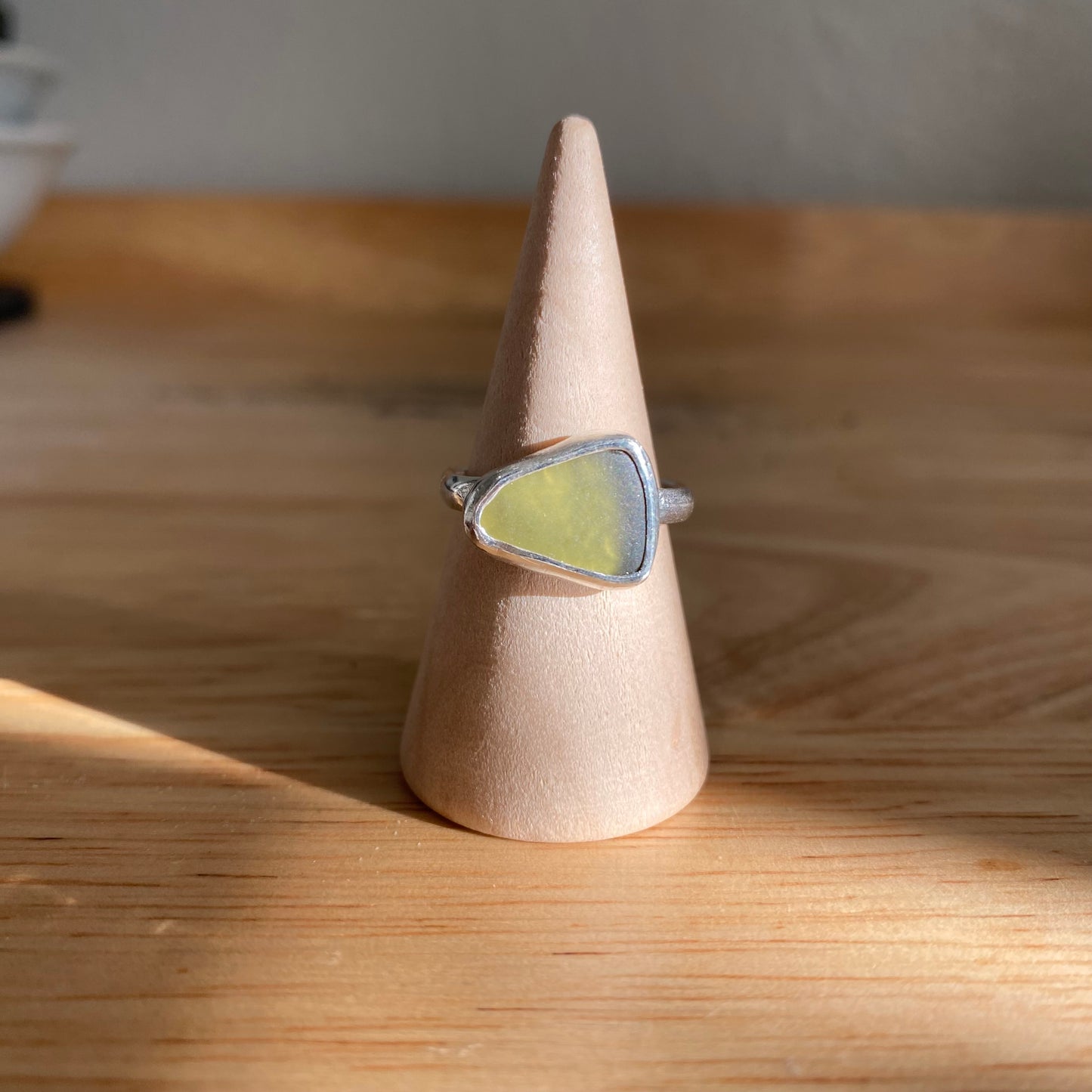 Peridot Color Sea Glass Bezel Ring – Sterling Silver (Size 6)