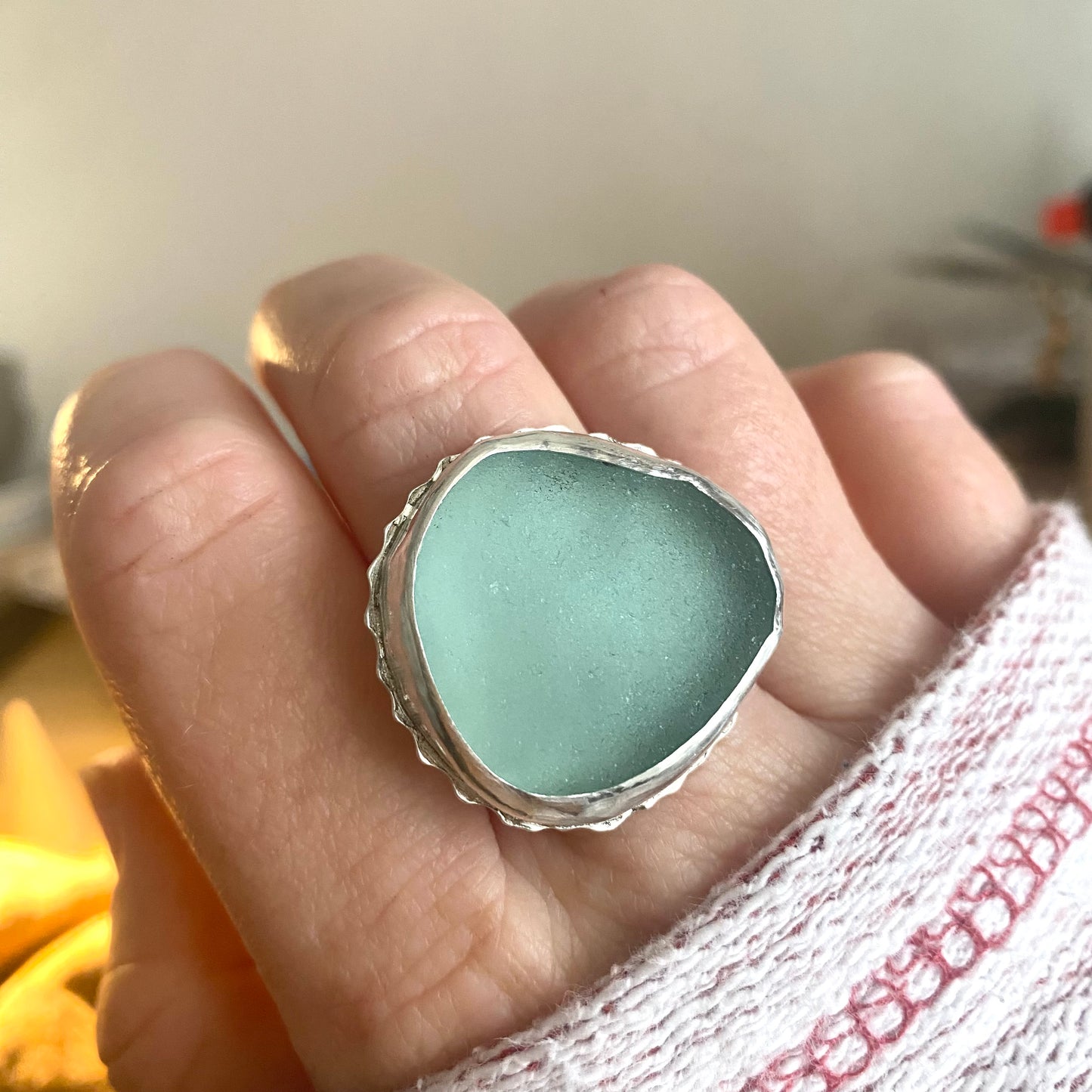 Sea Foam Sea Glass Statement Ring – Sterling Silver (Size 9)