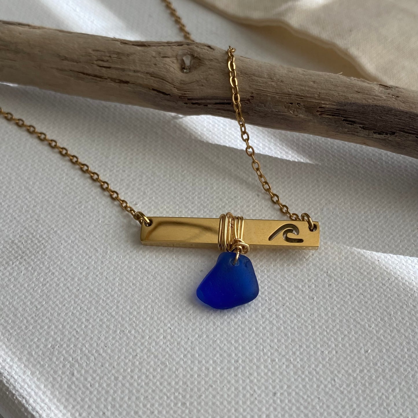 Gold Wave Bar Necklace with Cobalt Blue Sea Glass