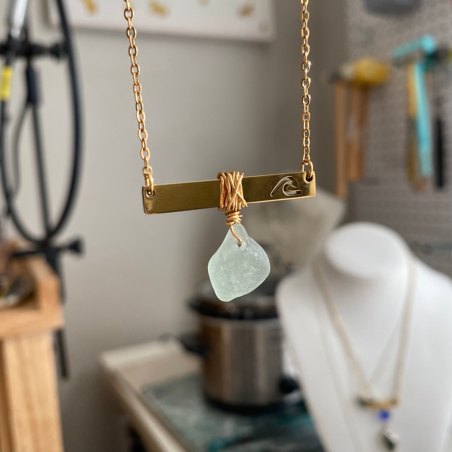 Gold Wave Bar Necklace with Sea Foam Sea Glass