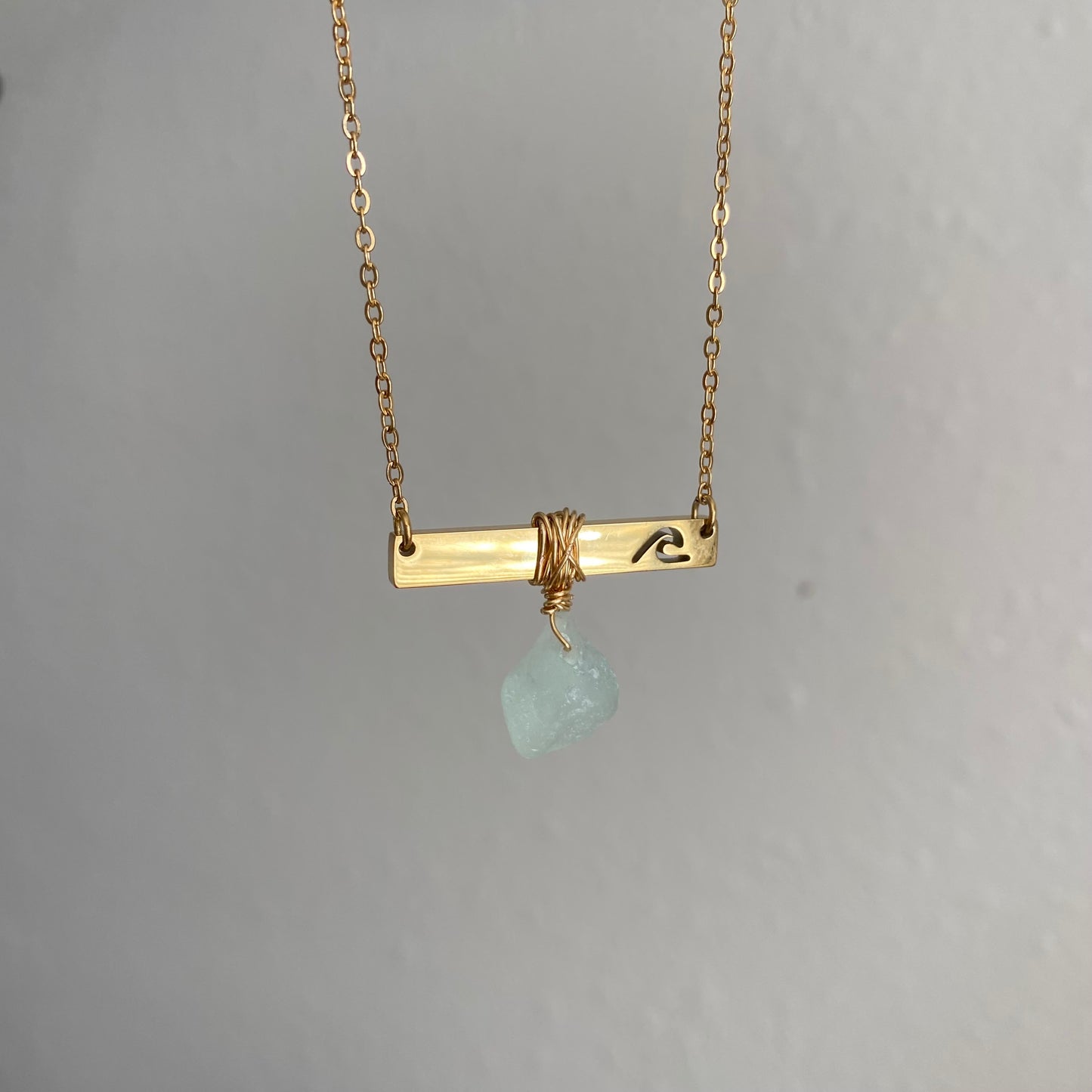 Gold Wave Bar Necklace with Sea Foam Sea Glass