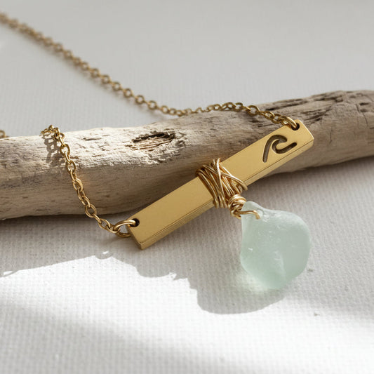 Gold Wave Bar Necklace with Sea Foam Sea Glass