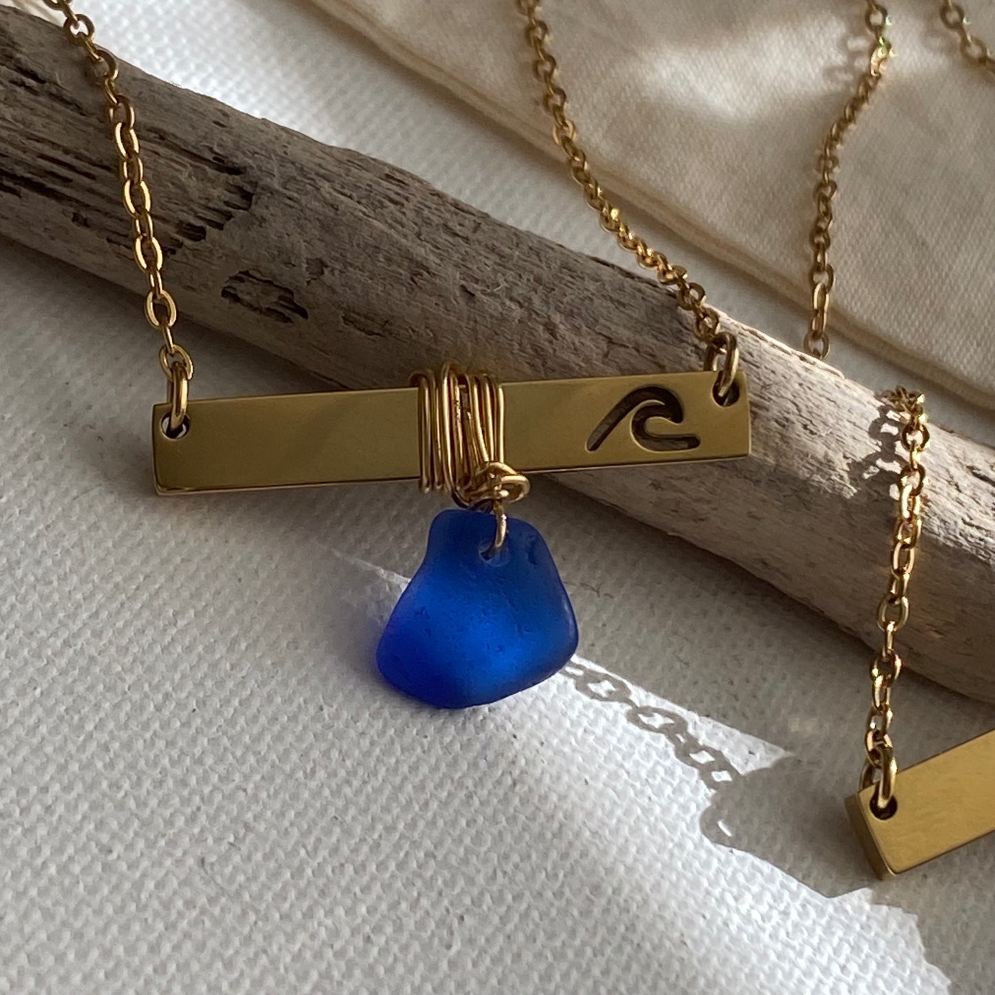 Gold Wave Bar Necklace with Cobalt Blue Sea Glass