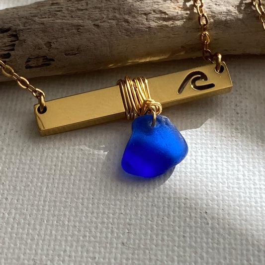 Gold Wave Bar Necklace with Cobalt Blue Sea Glass
