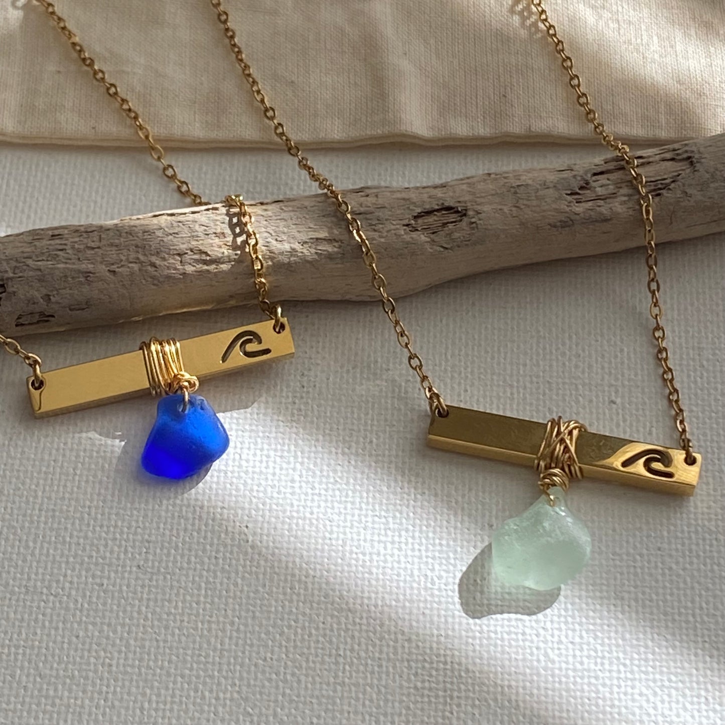 Gold Wave Bar Necklace with Cobalt Blue Sea Glass