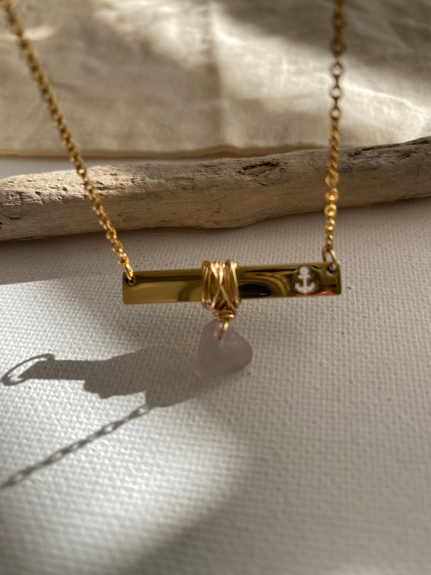 Gold Anchor Bar Necklace with Light Purple Sea Glass