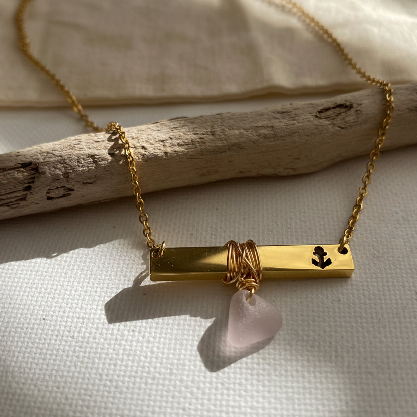 Gold Anchor Bar Necklace with Light Purple Sea Glass