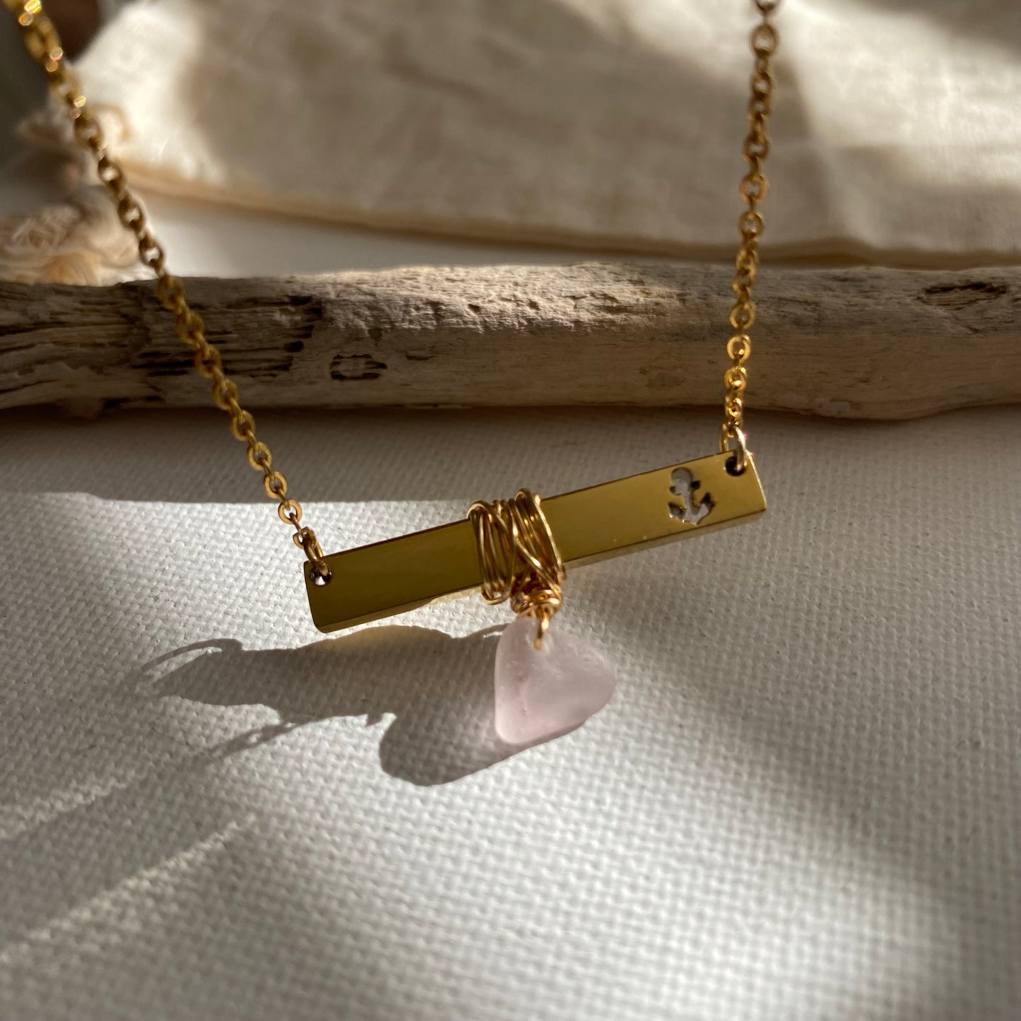 Gold Anchor Bar Necklace with Light Purple Sea Glass