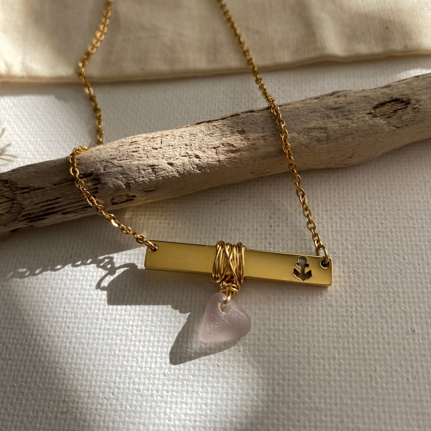 Gold Anchor Bar Necklace with Light Purple Sea Glass