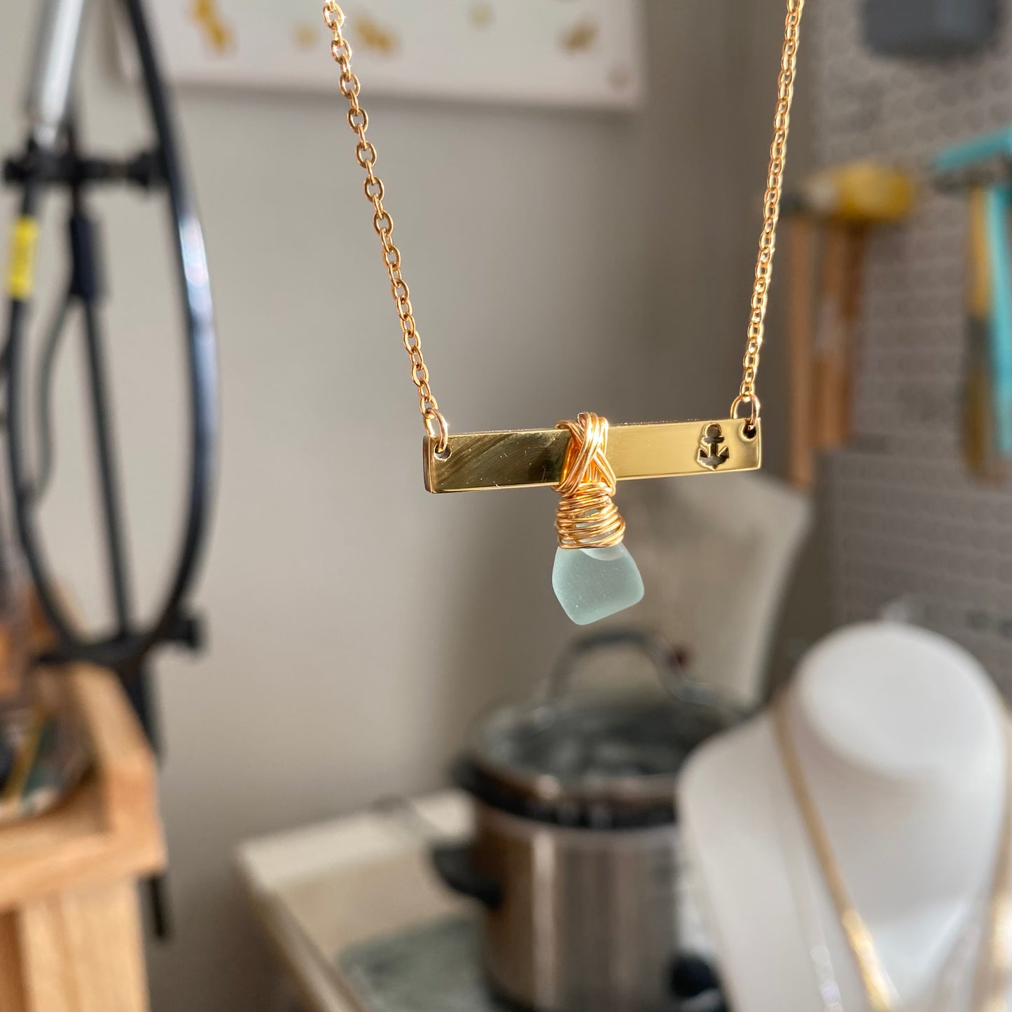 Gold Anchor Bar Necklace with Sky Blue Sea Glass