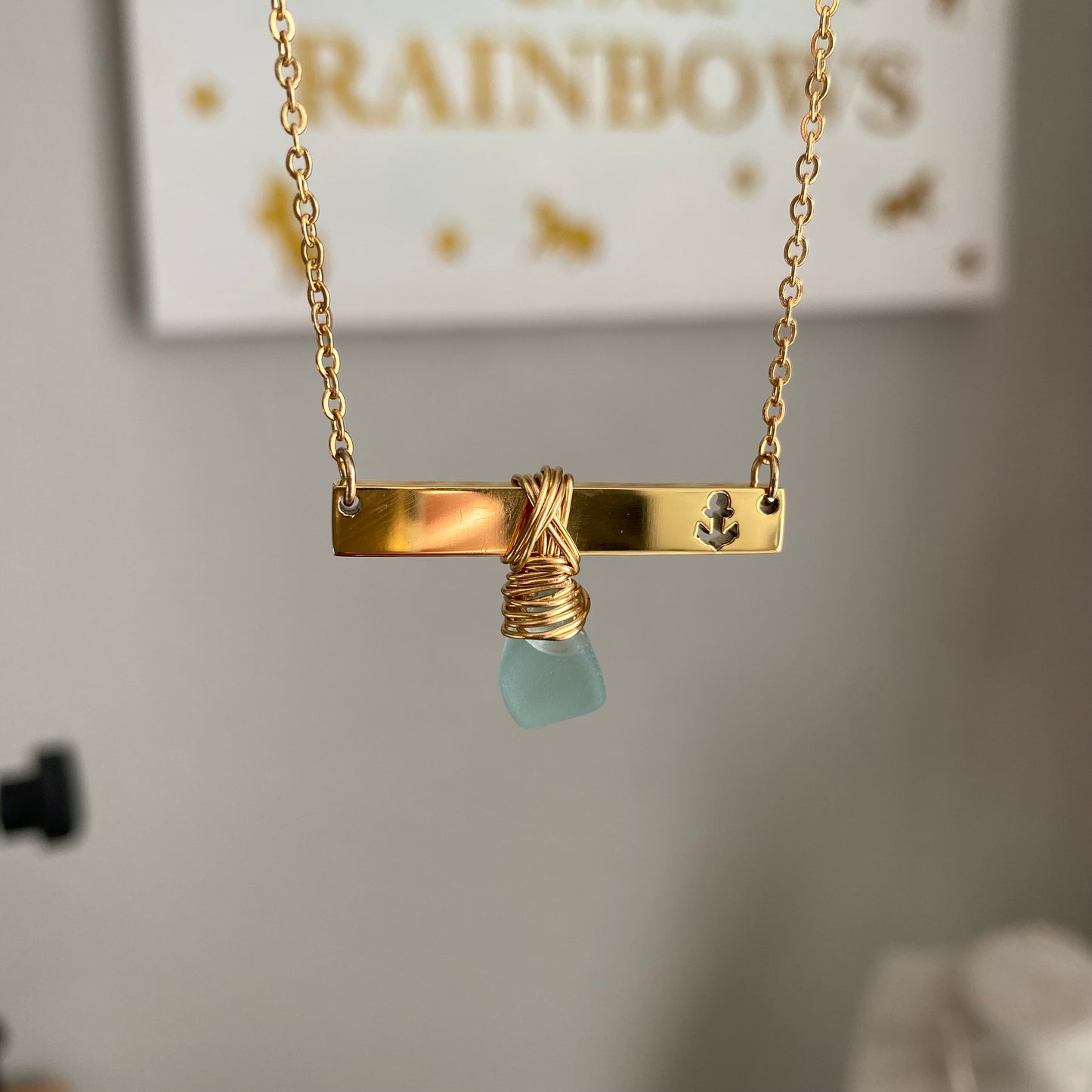 Gold Anchor Bar Necklace with Sky Blue Sea Glass