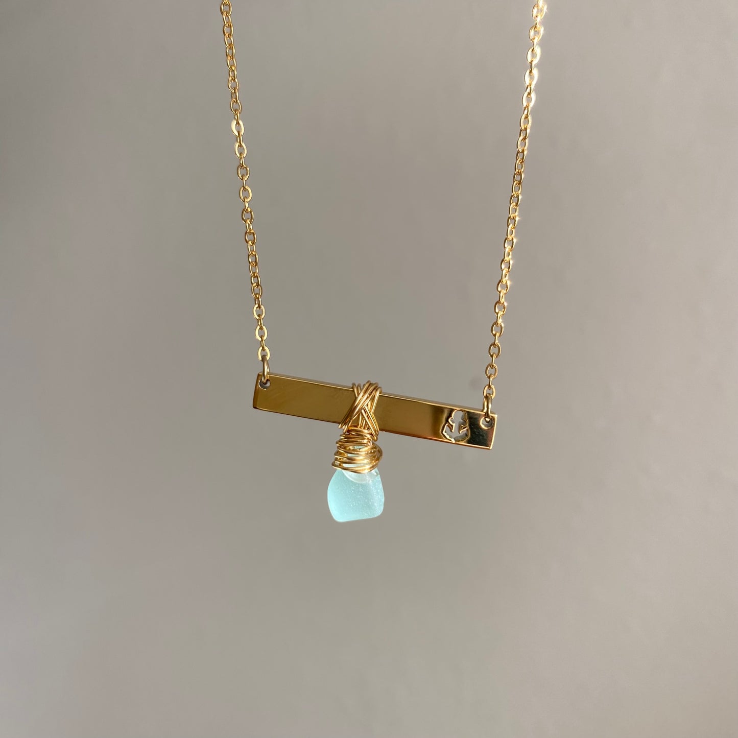 Gold Anchor Bar Necklace with Sky Blue Sea Glass